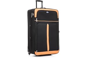 Aerostar Extra Large 32” Lightweight Softshell Expandable Suitcase, Check in Luggage 2 Corner Wheels with Integrated Combination Lock (Black/Orange, 129 litres)