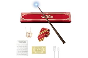 FGJCJ Zauberstab Hermine Granger, Hermine Zauberstab mit Licht, Wiederaufladbar Magic Wand, Leuchtend Wizarding World Zauberstäbe Geschenkbox mit Zauberspruch Karte, Stationsticket, Halskette Kravatte