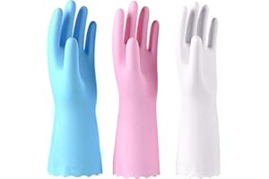 Alimat PluS 3 Pack Reusable Cleaning Gloves Latex Free - Dishwashing Gloves with Cotton Flock Liner and Embossed Palm - Waterproof Household Gloves for Laundry, Gardening (Small)