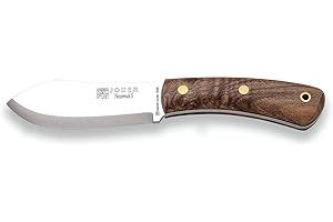Joker Cuchillo de caza Nessmuk S CN132-P, mango Nogal, hoja de 11 cm Sandvik 14C28N, con pedernal y funda de cuero marrón, herramienta de pesca, caza, camping y senderismo