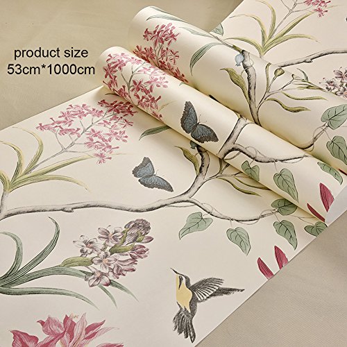 Tapete Vliestapete Fototapete Blumen Baum mit Vögel Vintage Stil 53*1000cm Wandtapete Wandbilder Wandbild LianLe (Beige) - 7