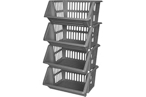 ZARVICZONIA Large Stacking Storage Baskets Veg Rack, Durable Plastic Stackers, Dimensions: 36 cm (L) x 30 cm (D) x 17.5 cm (H) (Grey, Pack of 4)