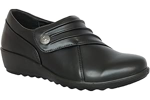 Cushion Walk Women's EEE Extra-Wide Fit Black Shoes, Ladies Lightweight, Faux Leather, Slip-On, Low Wedge Flats, Casual Work Office Comfort Shoes