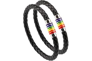PHOGARY Bracelet Gai Fierté Bracelet Arc-en-Ciel (2 Paquets), Couple Bracelet en Cuir Noir Bracelet Femme LGBT pour Homme avec Fermoir Magnétique en Acier Inoxydable à Rayures Arc-en-Ciel 22cm