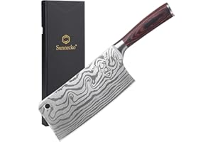 Sunnecko Couteau Couperet Légume Chinois 18cm, Couteau Cuisine Professionnel en Acier Inoxydable Lasé, Feuille de Boucher Manche en Pakkawood