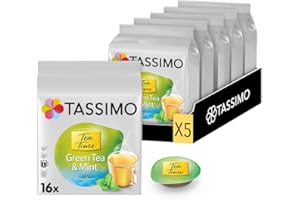 Tassimo, 80 Dosettes, Thé Vert à la Menthe Tea Time, Compatibles avec les machines TASSIMO, 80 Thés Vert Menthe, Subtil et Frais, 5 packs de 16 dosettes