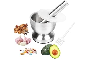 RUACDIQ Mortero con mano de mortero, Mortero pequeño de acero inoxidable para ajo, Mortero multiusos antideslizante para machacar hierbas, pastillas y especias de cocina, 250ml