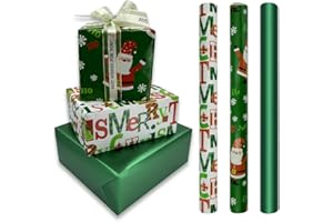 LZRINUE Rolle Weihnachtsgeschenkpapier – 3 Rollen 43 cm x 3 Meter, grünes Geschenkpapier mit Weihnachtsmann und Schneeflocke bedruckt für Weihnachten, Geburtstage, Hochzeiten, Partys, Festgeschenkpapier