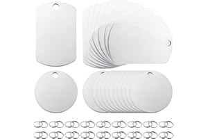 AMANDELIZABE Colgante de acero inoxidable en blanco, 22 unidades, etiquetas para perros, etiquetas para perros, llaveros, etiquetas, llaveros, redondos, kit de fabricación, Acero inoxidable
