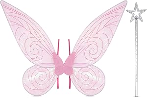 AUXSOUL Feen Flügel,Feenflügel Damen,Cosmo und Wanda Kostüm,Flügel Fee,Fairy Costume Set, Inklusive Flügel und Feenstäbe für Fasching oder Feen-Mottopartys(Rosa)