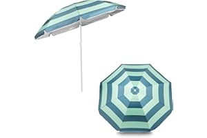 Yello Eco Parasol, Sustainable Beach, Garden & Patio Umbrella with UPF50+ Sun Protection, Recycled Polyester, Green Stripe Design, Lightweight & Easy to Transport