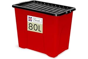 NEAT. Neat 80L Storage Boxes with Lids - Red Base & Black Clip Lid Ideal for Home Organisation, Durable, Space-Saving Plastic Box Storage Solutions Great for Bedroom, Garage & Office Use Pack of 1