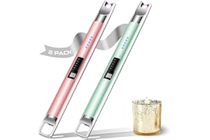 LCFUN Electric Candle Lighter USB Rechargeable Long Lighter Windproof Flameless Arc Lighter with LED Battery Display for Candle, Fireworks, BBQ, Gas Stove, Grill (F30) (Green&Rose Gold)