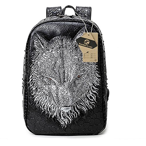 Koolertron Wolf Studded College Rucksack Laptop 14" Backpack Kunstleder Unisex Vivid AnimalPrint für Frauen Mädchen Männer Jungen Schulranzen3D Tier Schulrucksack Fuer Schule Camping Reisen (Silber)