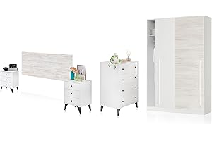 duehome | Pack de Dormitorio con Cabecero + 2 mesitas de Noche + Comoda y Armario, Conjunto de Dormitorio, Modelo Iconic 4c Plus, Acabado en Blanco Artik, Blanco Velho y Negro