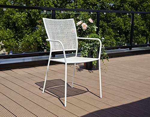 greemotion Metall-Stapelstuhl Mykonos in Weiß pulverbeschichtet – Gartenstuhl stapelbar – Balkonstuhl aus Stahl – Stapelsessel mit Armlehne – Bistrostuhl zum Stapeln – Stuhl für Garten, Terrasse & Balkon - 2