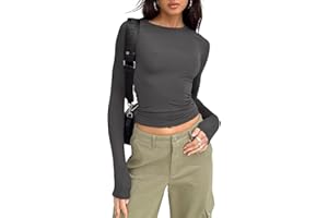 LACOZY Women's Slim Fit Going Out Crop Tops Casual Solid Color Crew Neck Long Sleeve Tight Tee Shirt Basic Streetwear