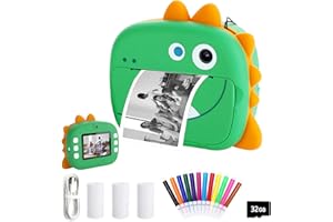 MILDUALL Kids Camera Instant Print with WiFi Function, Dinosaur Digital Print Camera No Ink, Selfie Video Camera with Dual Lens, Print Paper, 32G TF Card &Color Pens for DIY, Gift for Boys Girls Age 6-14