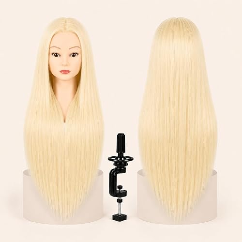 Cabeza de Maniquí para Peluquería, Cabello Sintético 60 cm/24" Resistente al Calor con Soporte, Cabeza de Prácticas para Pein