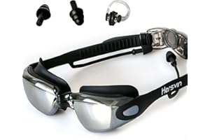 Hersvin Gafas de Natación Anti-UV Antivaho con Puente Nasal Extraíble, Tapones para Los Oídos Siameses para Adultos Hombres Mujeres Niños
