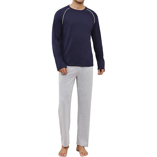 Marvmys Schlafanzug Herren Lang aus Baumwolle Zweiteiliger Pyjama für Männer Herbst Winter