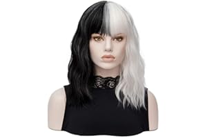 Morticia longueur d'épaule court bouclés femmes pleine frange fibre résistante à la chaleur filles remplacement Bob perruque (Blanc et noir)