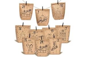 KOHMUI Adventskalender zum Befüllen, 24 Weihnachtskalender Papiertüten zum Selber Basteln, DIY Geschenktüten zum selbst füllen, Kraftpapiertüten Advents Tüten Selbstbefüllen für Kinder & Erwachsene