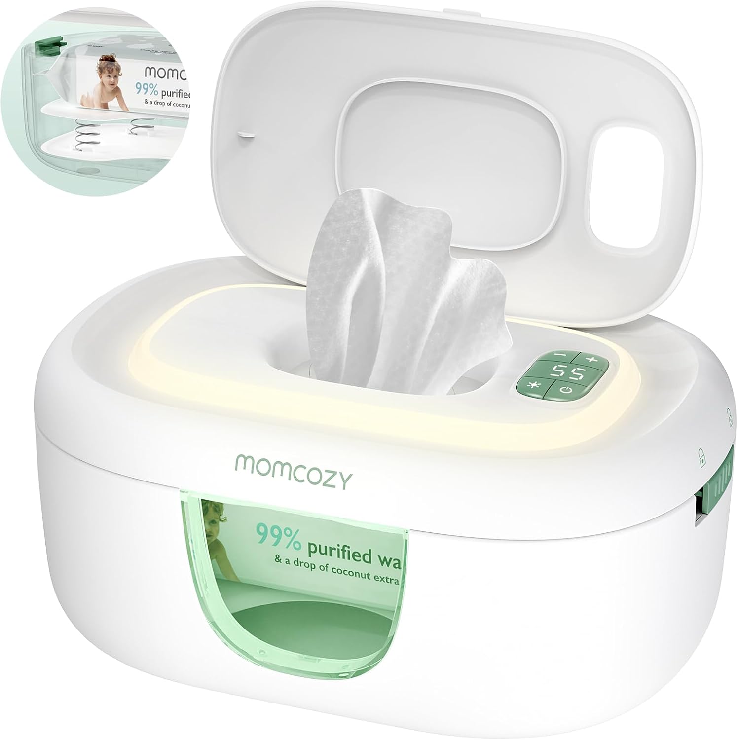 Momcozy Calentador de Toallitas para Bebé de Gran Capacidad, Calentador Toallitas Humedas Bebe con Luz Nocturna y Diseño Innovador con Resorte, Calentamiento Rápido & Uniforme, 4 Modos de Temperatura