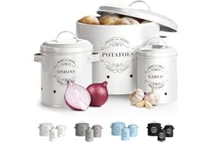 Virklyee Tarros de patatas Tarro de cebolla Tarro de ajo Juego de 3 Frascos de almacenamiento para frutas y verduras Tanque de almacenamiento de metal Botes para alimentos(Blanco o2)