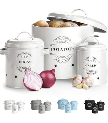 1 Pack Aardappel, Ui & Knoflook Keuken Opbergbussen, Vintage Plantaardige Opbergblikken met Deksel, Metalen Voedselbus met beluchtingsgaten, Boerderij Counter Pot (Aardappel Zwart