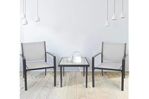 STREAM Garden Furniture Set 2 Seater, Indoor Outdoor 3 Piece set Patio Furniture Set, Garden Table and Chair 4 seater, 2 ArmChairs + Glass Coffee Table Suitable for Patio Backyard Poolside (Grey)