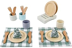 Little Log Ensemble de Vaisselle Jouet en Bois Assiettes et Couverts pour Tout-Petits Accessoires de Cuisine pour Enfants Cadeau de Jeu de rôle pour Enfants pour Filles et garçons