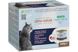 Almo Nature HFC Natural Light Meal - Alimento Umido per Gatti - Tonno, Pollo e Prosciutto - Human-Grade, Gluten-Free - 50g (Confezione da 4)