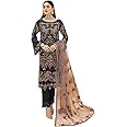 Miss Ethnik Women's Faux Georgette Semi Stitched Top With Unstitched Santoon Bottom and Net Dupatta Embroidered Straight Top Dress Material (Pakistani Salwar Suit)
