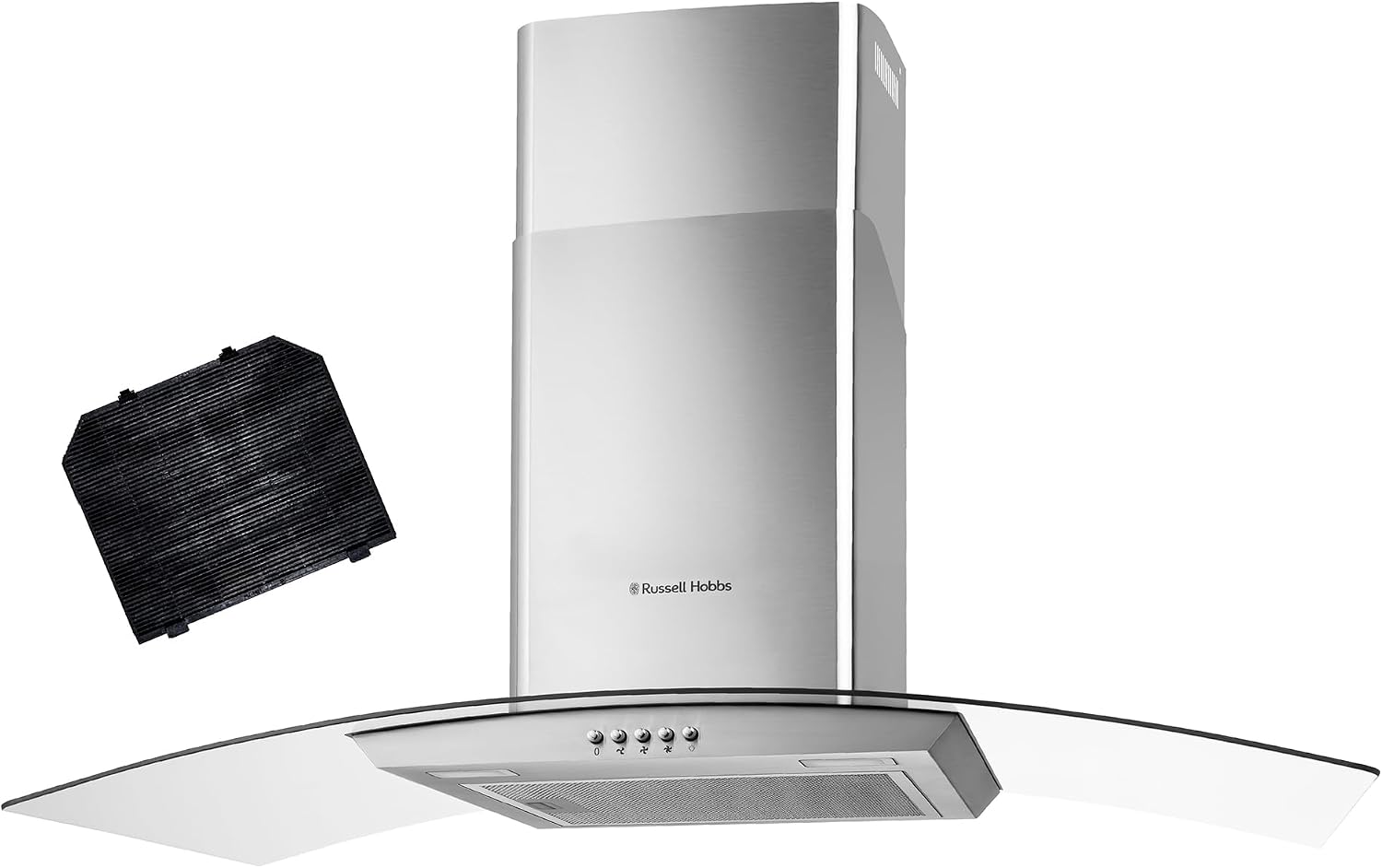 Russell Hobbs 90cm Curved Glass Cooker Hood in Stainless Steel with 3 Speed Settings, 1 x Carbon Filter, Extraction or Recirculation, 500m³/h Extraction Rate, A+ Energy Rating, RH90GCH92A1SS