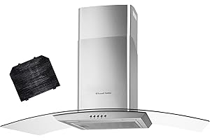 Russell Hobbs 90cm Curved Glass Cooker Hood in Stainless Steel with 3 Speed Settings, 1 x Carbon Filter, Extraction or Recirculation, 500m³/h Extraction Rate, A+ Energy Rating, RH90GCH92A1SS