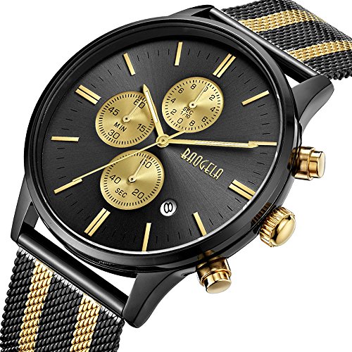 Herren-Uhren-Schwarz-Edelstahl-Mesh-Armband-Elegant-Analog-Quarz-Uhr-Gold-Zifferblatt-Chronograph-Wasserdicht-Datum-BAOGELA-Marken