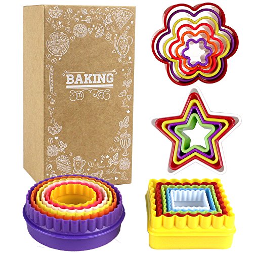 Goodlucky365 22 Stück Ausstecher aus Kunststoff Bpa-frei verschiedene Größen leuchtende Farben formt Obst Gemüse Kuchen Tofu Ausstechformen, Keksausstecher Set (Stern, Blume, Kreis, Viereck)