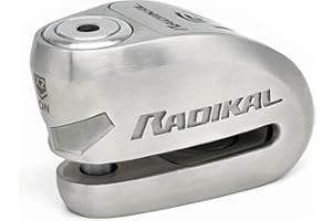 RADIKAL RK910S Antivol Moto Homologué SRA, Bloque Disque Alarme Premium X2-ON, Serrure Haute Sécurité Anti-Perçage Anti-Crochetage, Double Verrouillage 10mm, Bloc Acier Inox Anti Vol pour Moto Scooter
