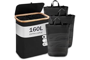 YOUDENOVA Wäschekorb mit Deckel 3 Fächer 160L Wäschesammler mit 3 Wäschesäcke Groß faltbarer Wäschesortierer Holz Bambus Wäschetruhe hoch, Schwarz