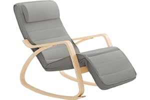 SoBuy Sedia a Dondolo – Poltrona a Dondolo con poggiapiedi e poggiatesta regolabili, Grigio FST16-DG