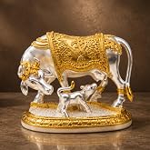 Gold Art India Kamdhenu Cow and Calf Idol | Gold & Silver Plated Matte Finish Decorative Murti | Sacred Gau MATA Statue for H