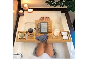 HUOLE Etagère à Baignoire de Salle de Bain avec Plateau de Rangement et Porte-Savon, Plateau de Bain en Bambou, Pont de Baignoire Extensible, Baignoire et Plateau de Lit, 75-109cm*23 * 4.5cm