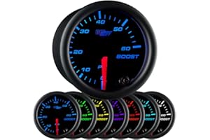 GlowShift Black 7 Color 60 PSI Turbo Boost Gauge Kit - Includes Mechanical Hose, 1/8-27 NPT Fittings & Wiring - Multi-Color Display - Black Dial - Clear Lens - for Diesel Trucks - 2-1/16" 52mm