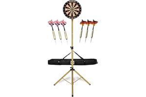 Stagecaptain DBS-1715 Bullseye Pro Cible de fléchettes - Jeu de fléchettes Classique avec Support doré et Housse - Jeu Flechette avec 6 flèches Pointe en Acier et 12 Volants