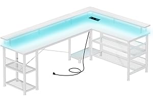 ODK Scrivania Gaming con LED, Scrivania Gaming Reversibile con Multipresa, Grande Scrivania Gaming Angolare con Ripiano in Rete Bianco 168×120cm