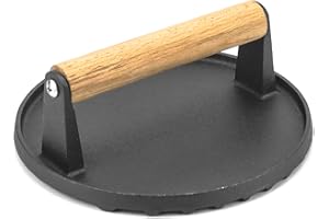 QWORK® nieprzywierająca żeliwna prasa do burgerów, drewniany uchwyt, 17,5 cm