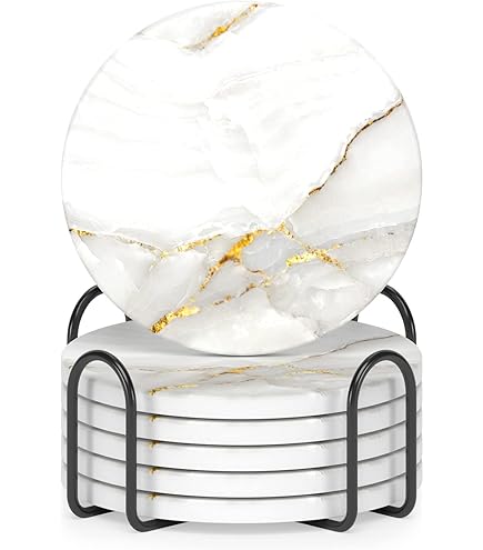 Queenza Marble Coaster Set Of 6 With Metal Holder, Kenya