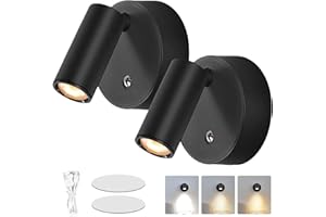 PORFOYO Lámpara de pared interior, 2 piezas lámpara de pared con interruptor, lámpara de lectura LED regulable giratoria, foco de pared interior sin conexión de alimentación, lámpara de pared con 3 modos de