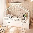 FUSIDE Solid Pine White Childrens Single Bed Frame,Kids Floor Bed Frame with Storage,Ottoman Bed,House Bed
